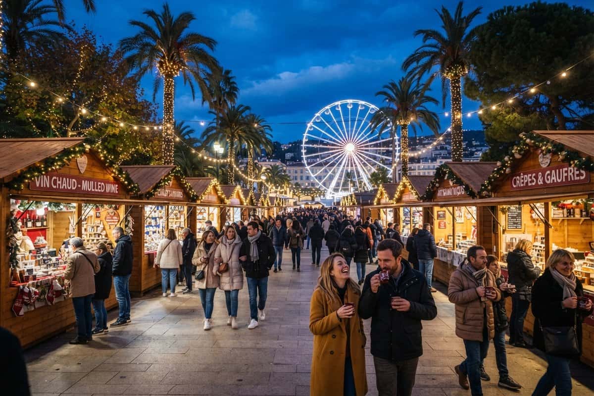 Allée de chalets de Noël illuminés sous des palmiers, promeneurs avec vin chaud et grande roue au loin