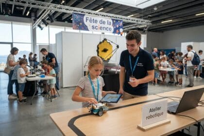 Une fillette guide un petit robot sur une table d'atelier robotique, sous une bannière Fête de la science